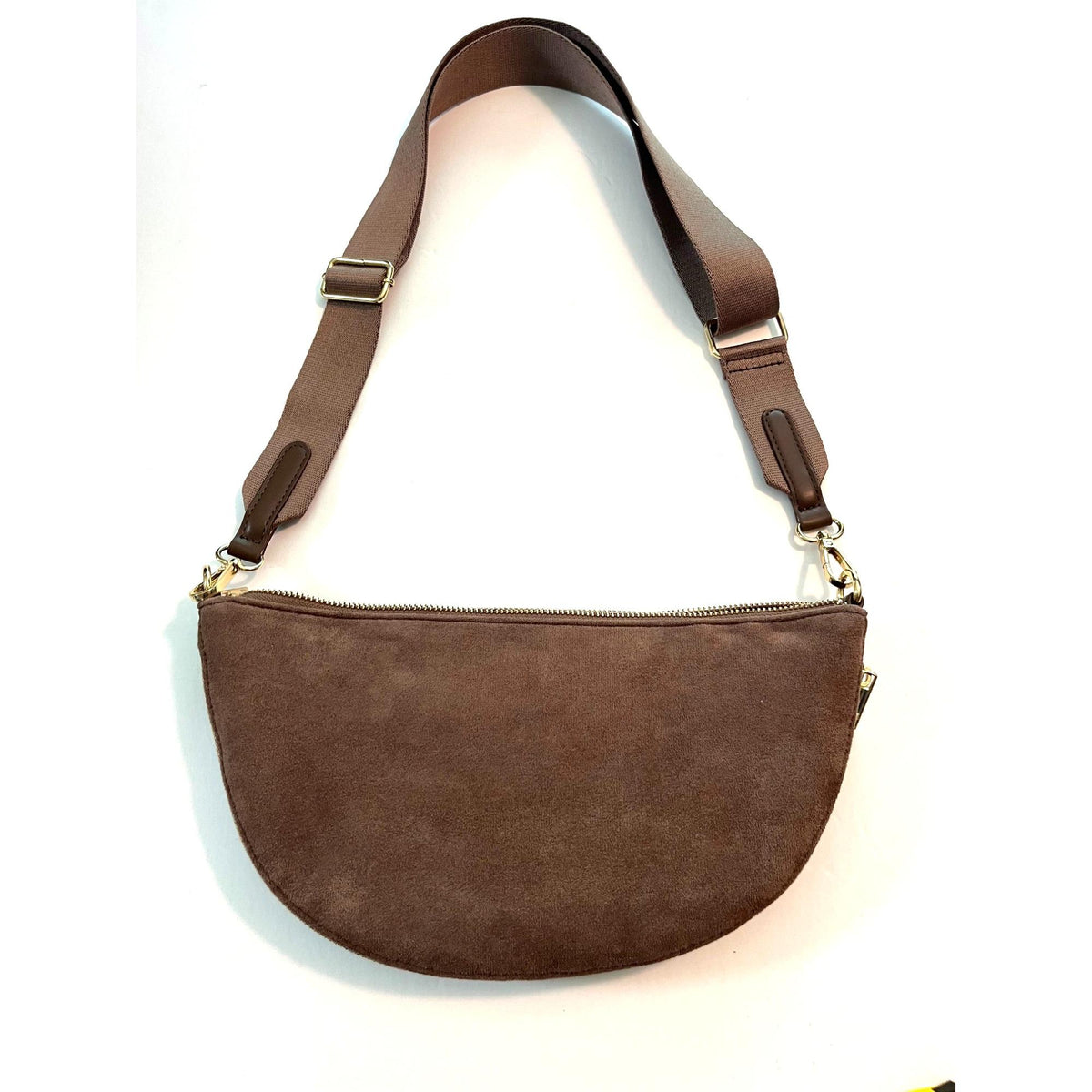 Sondra Roberts New York Brown Genuine Suede Crossbody Belt Bag With Adjustable Strap & Brass Hardware