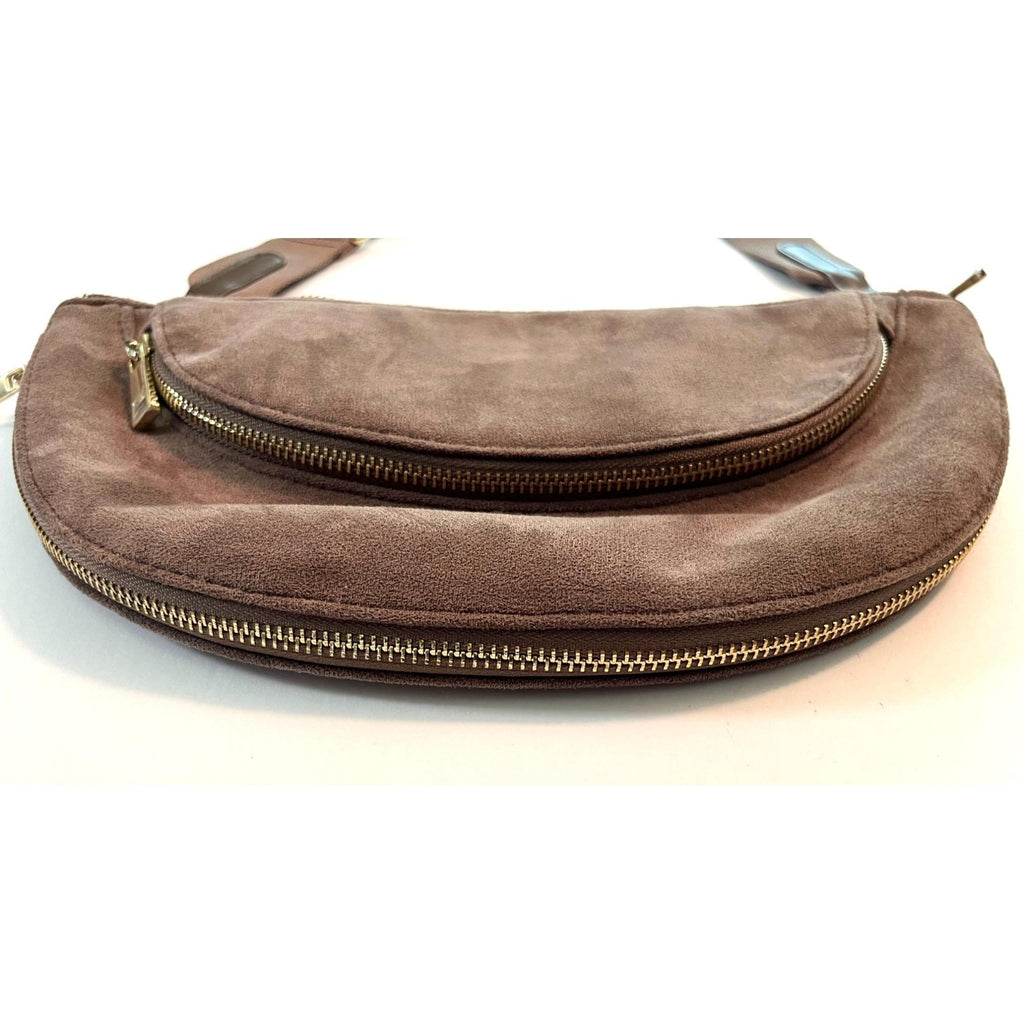 Sondra Roberts New York Brown Genuine Suede Crossbody Belt Bag With Adjustable Strap & Brass Hardware
