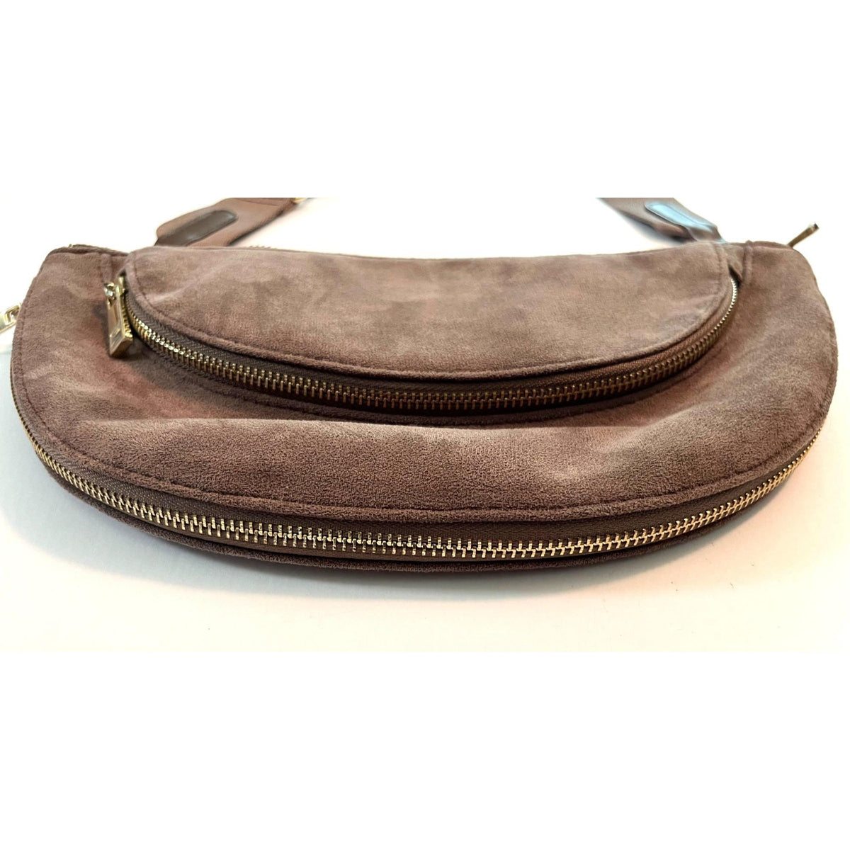 Sondra Roberts New York Brown Genuine Suede Crossbody Belt Bag With Adjustable Strap & Brass Hardware