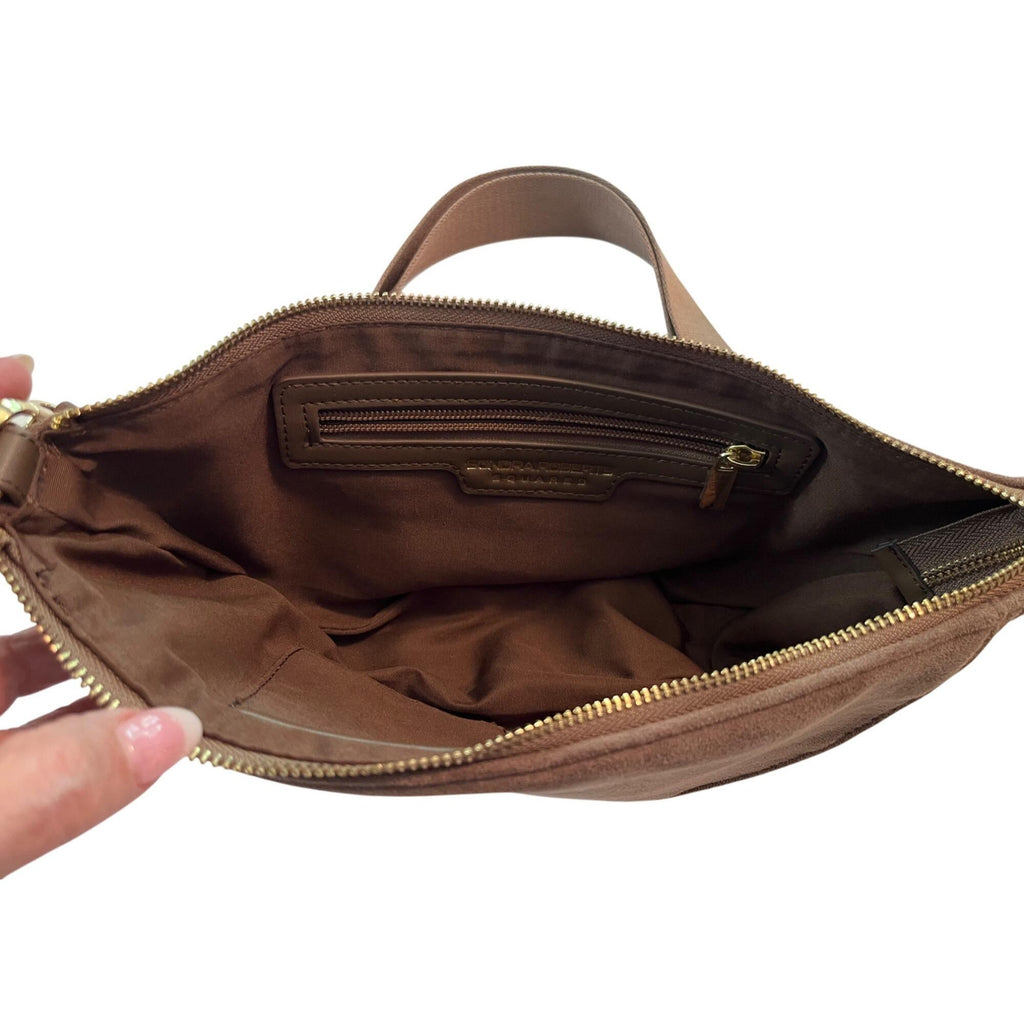 Sondra Roberts New York Brown Genuine Suede Crossbody Belt Bag With Adjustable Strap & Brass Hardware