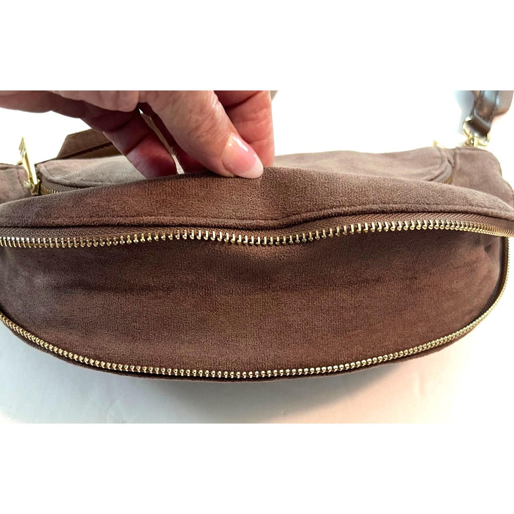 Sondra Roberts New York Brown Genuine Suede Crossbody Belt Bag With Adjustable Strap & Brass Hardware