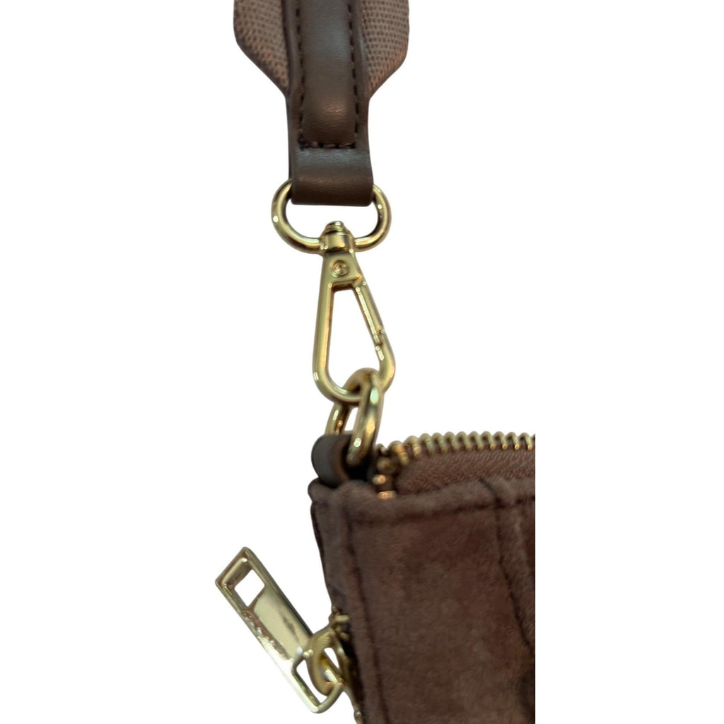 Sondra Roberts New York Brown Genuine Suede Crossbody Belt Bag With Adjustable Strap & Brass Hardware