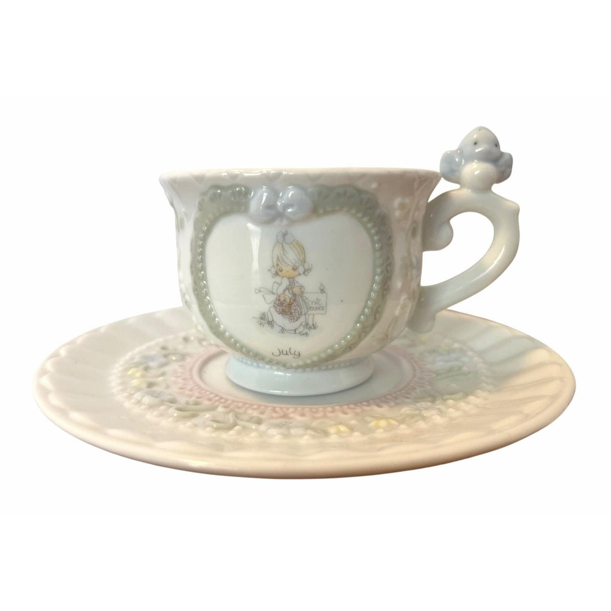 Precious Moments July Teacup Saucer Enesco 1994 Heart & Bird Design Floral Accents Collectible Porcelain Set