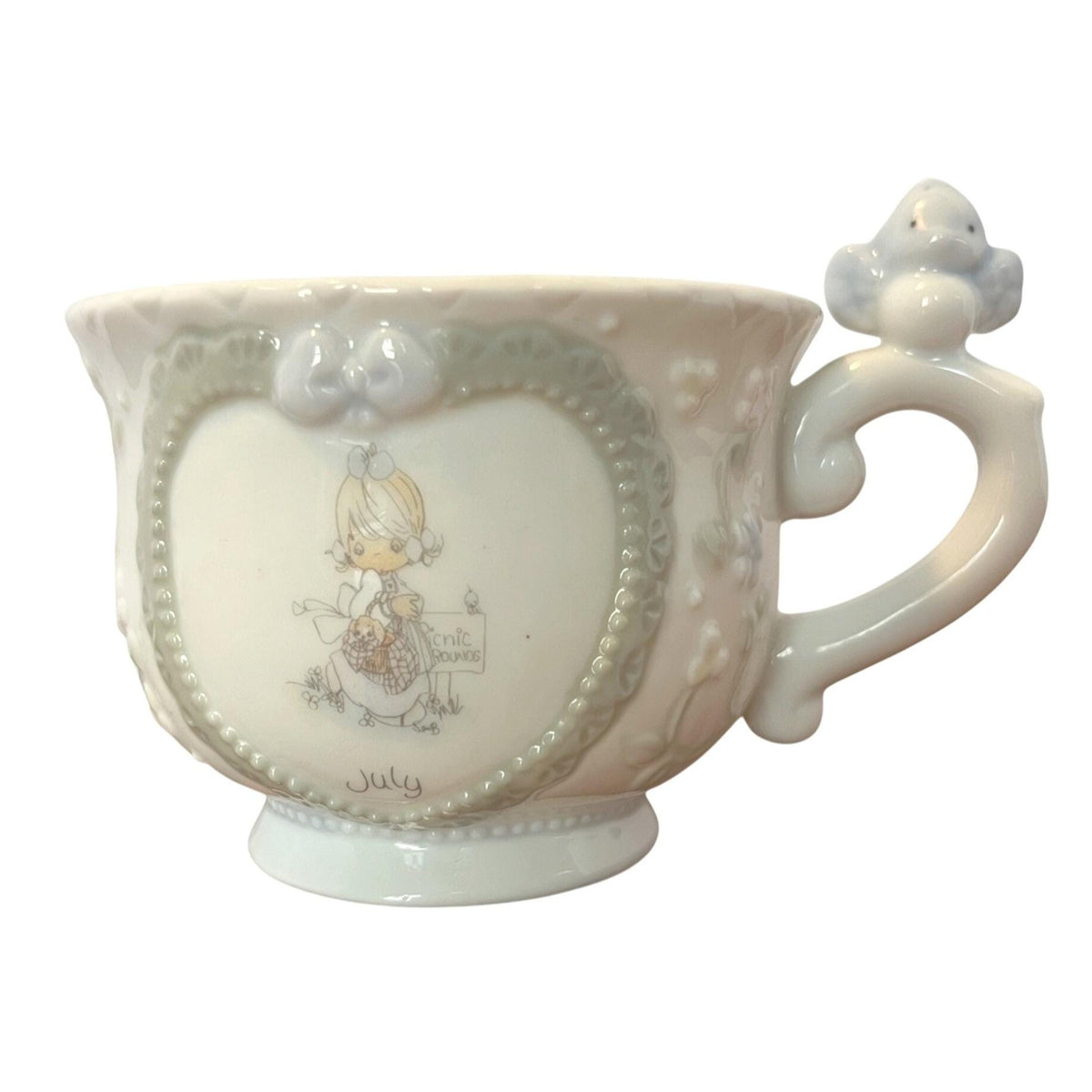 Precious Moments July Teacup Saucer Enesco 1994 Heart & Bird Design Floral Accents Collectible Porcelain Set