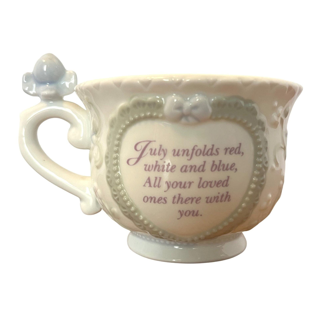 Precious Moments July Teacup Saucer Enesco 1994 Heart & Bird Design Floral Accents Collectible Porcelain Set